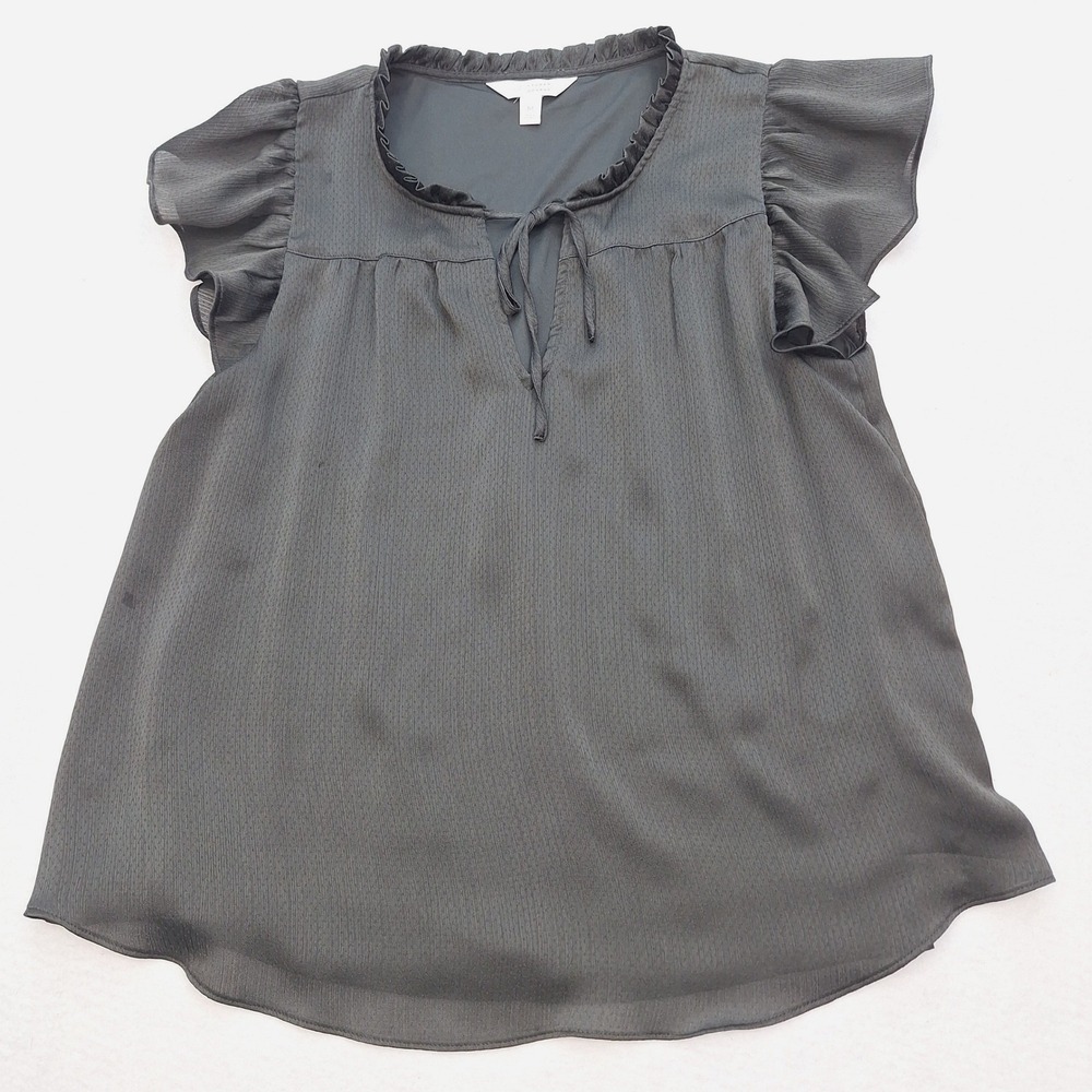 LC Lauren Conrad Top Womens Medium Black Ruffled Neck Tie Front Flutter Sleeve‎